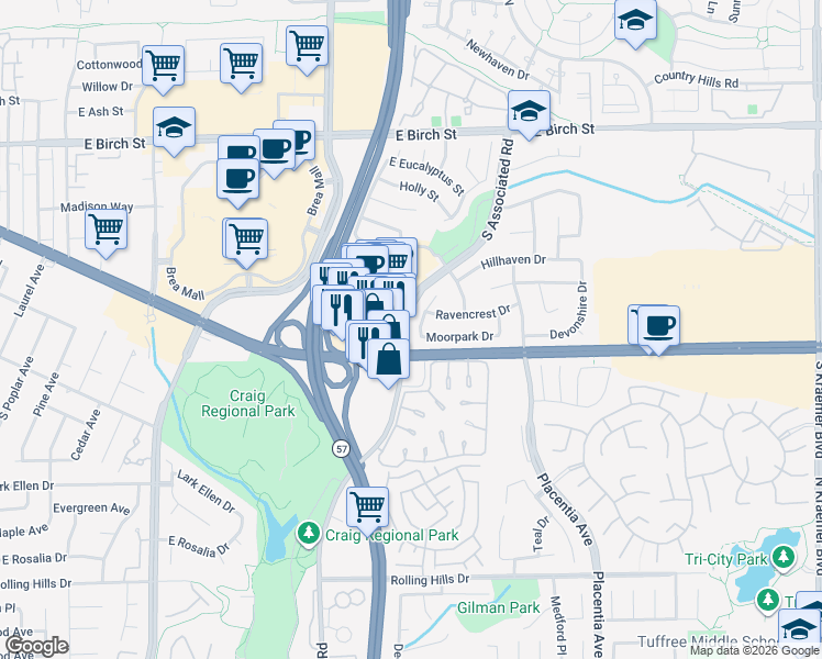 map of restaurants, bars, coffee shops, grocery stores, and more near 473 Brittany Lane in Brea