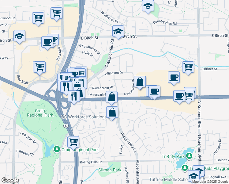 map of restaurants, bars, coffee shops, grocery stores, and more near 469 Castlegate Lane in Brea