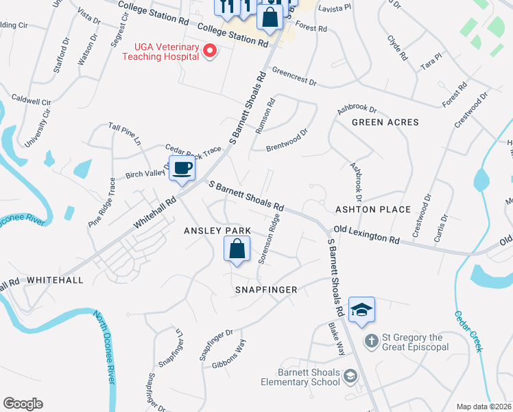 map of restaurants, bars, coffee shops, grocery stores, and more near 2925 South Barnett Shoals Road in Athens