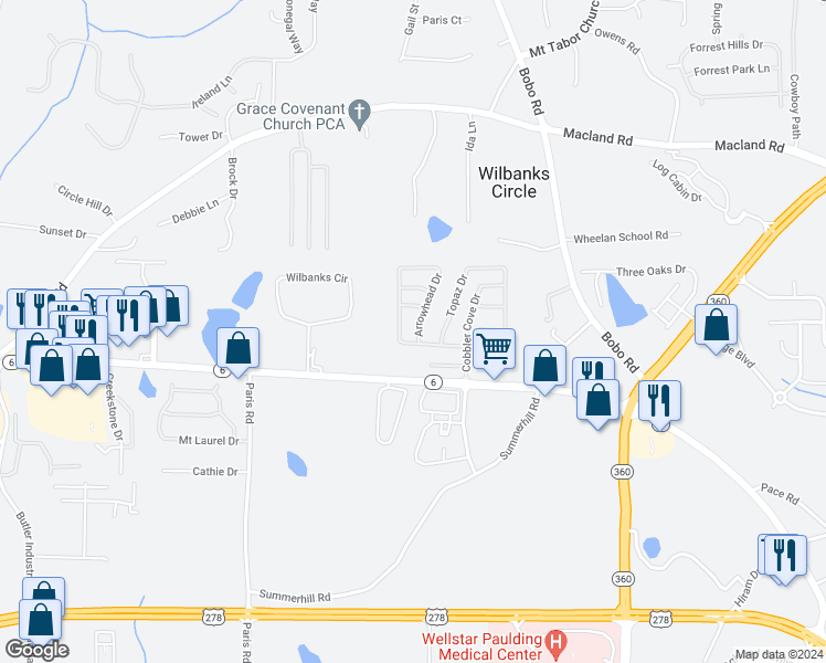 map of restaurants, bars, coffee shops, grocery stores, and more near 612 Arrowhead Drive in Dallas