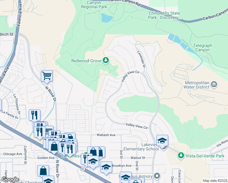 map of restaurants, bars, coffee shops, grocery stores, and more near 17175 Sweet Bay Court in Yorba Linda