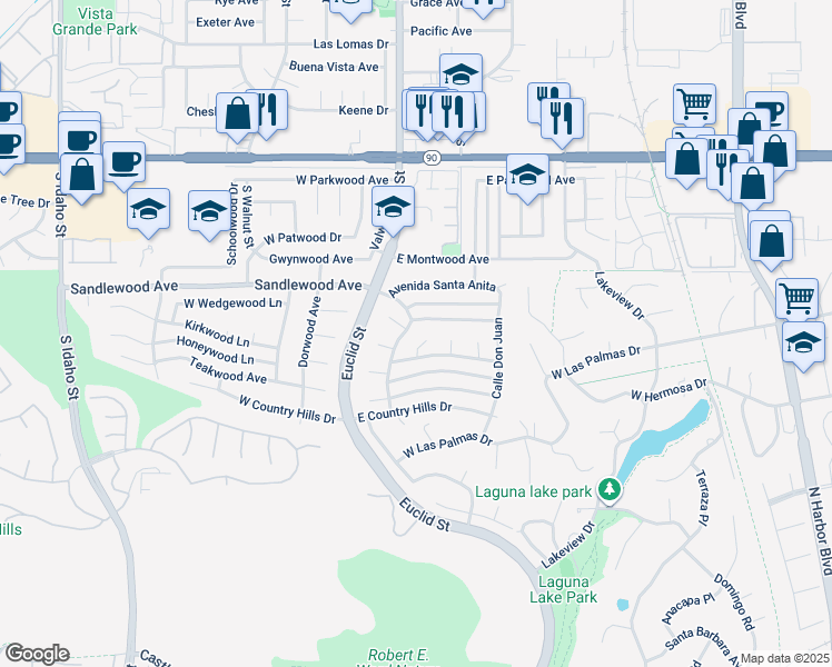 map of restaurants, bars, coffee shops, grocery stores, and more near 1521 Via Los Altos in La Habra