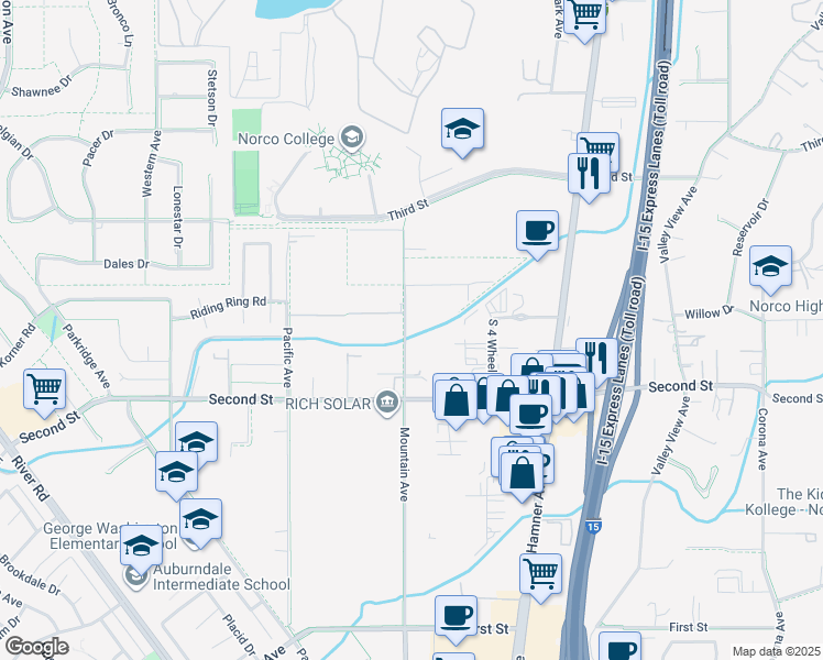 map of restaurants, bars, coffee shops, grocery stores, and more near 2041 Mountain Avenue in Norco
