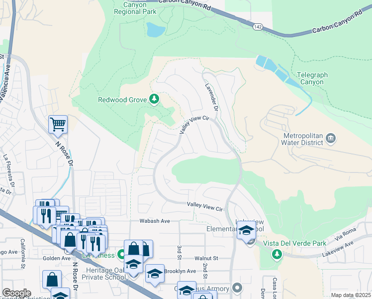 map of restaurants, bars, coffee shops, grocery stores, and more near 17253 Coriander Court in Yorba Linda