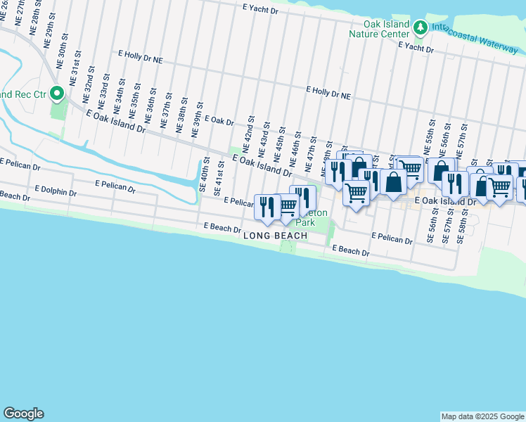 map of restaurants, bars, coffee shops, grocery stores, and more near 4313 East Pelican Drive in Oak Island