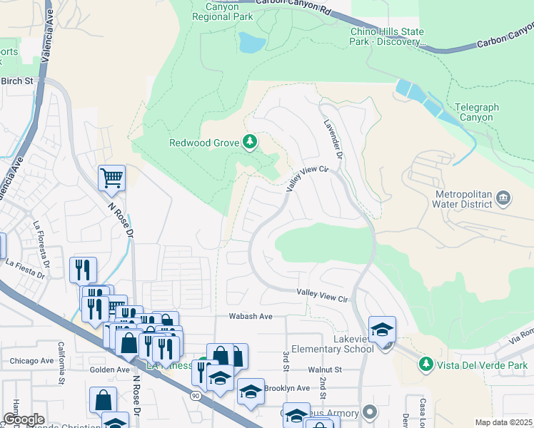 map of restaurants, bars, coffee shops, grocery stores, and more near 17175 Sweet Bay Court in Yorba Linda