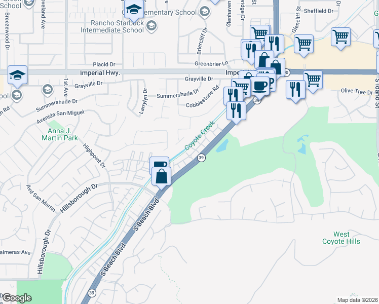 map of restaurants, bars, coffee shops, grocery stores, and more near 1501 South Beach Boulevard in La Habra