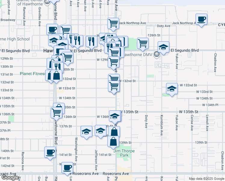 map of restaurants, bars, coffee shops, grocery stores, and more near 4012 West 133rd Street in Hawthorne