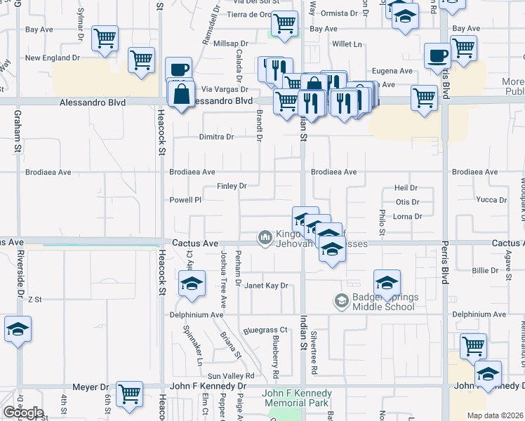 map of restaurants, bars, coffee shops, grocery stores, and more near 24383 Lamont Drive in Moreno Valley
