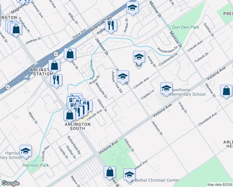 map of restaurants, bars, coffee shops, grocery stores, and more near 2922 Joshua Tree Road in Riverside