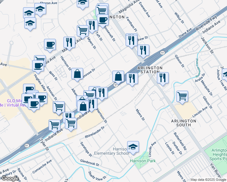 map of restaurants, bars, coffee shops, grocery stores, and more near 9761 Diana Avenue in Riverside