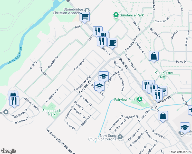 map of restaurants, bars, coffee shops, grocery stores, and more near 1269 Cornerstone Way in Corona