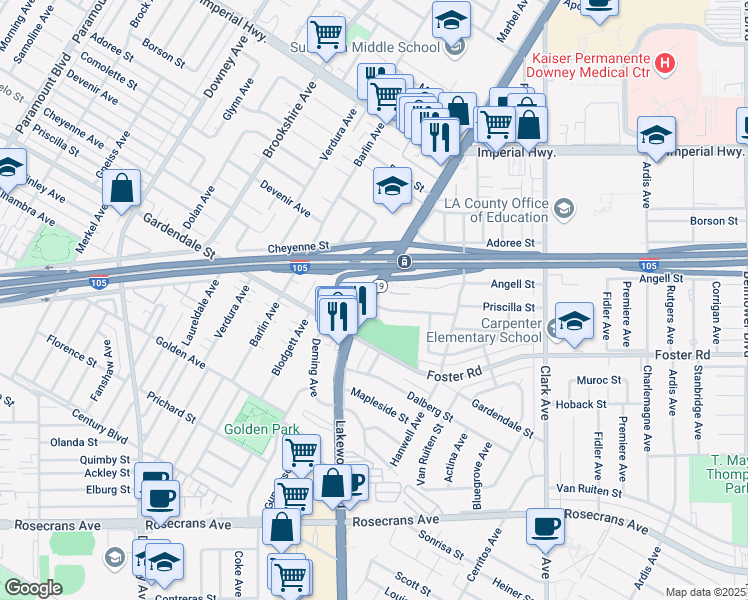 map of restaurants, bars, coffee shops, grocery stores, and more near 12801 Lakewood Boulevard in Downey