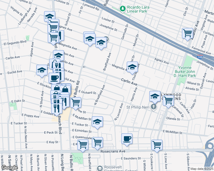 map of restaurants, bars, coffee shops, grocery stores, and more near 3909 Palm Avenue in Lynwood