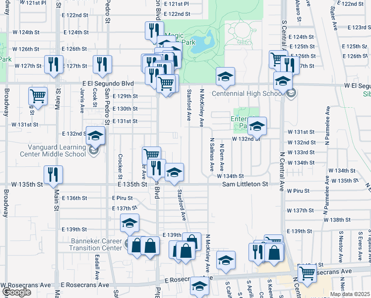 map of restaurants, bars, coffee shops, grocery stores, and more near 13213 Stanford Avenue in Los Angeles
