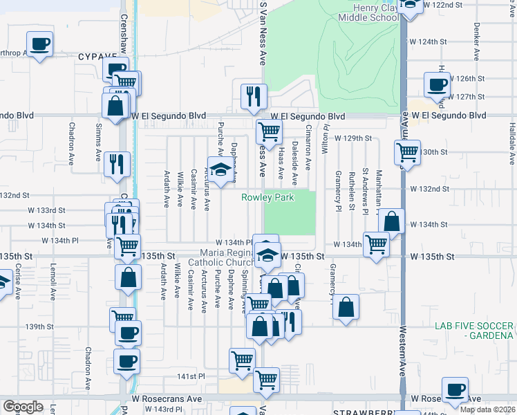 map of restaurants, bars, coffee shops, grocery stores, and more near 13212 Spinning Avenue in Gardena
