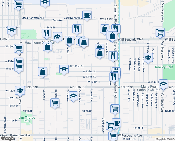 map of restaurants, bars, coffee shops, grocery stores, and more near 3333 West 133rd Street in Hawthorne