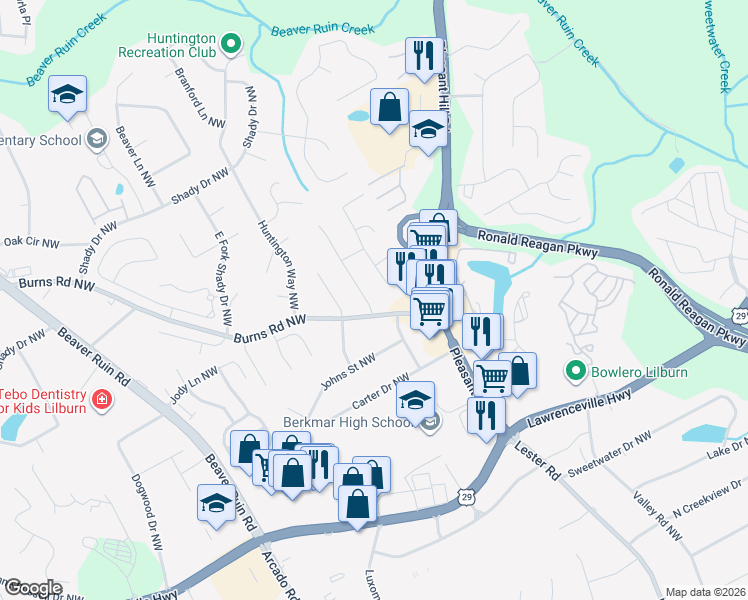map of restaurants, bars, coffee shops, grocery stores, and more near 569 Burnt Creek Drive Northwest in Lilburn