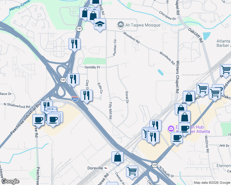 map of restaurants, bars, coffee shops, grocery stores, and more near 4047 Tilly Mill Road in Doraville