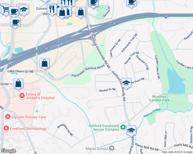 map of restaurants, bars, coffee shops, grocery stores, and more near 1253 Dunwoody Lane Northeast in Atlanta