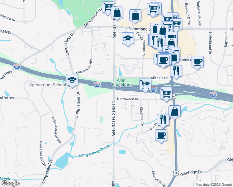 map of restaurants, bars, coffee shops, grocery stores, and more near 5734 Taylor Way in Sandy Springs