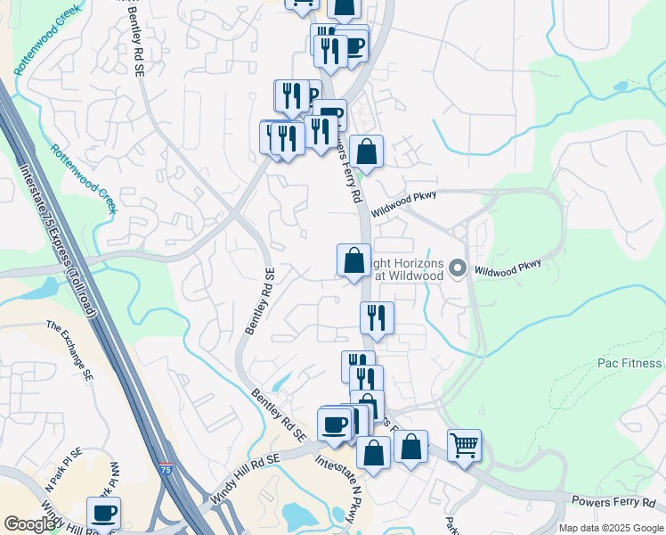 map of restaurants, bars, coffee shops, grocery stores, and more near 2937 Torreya Way Southeast in Marietta