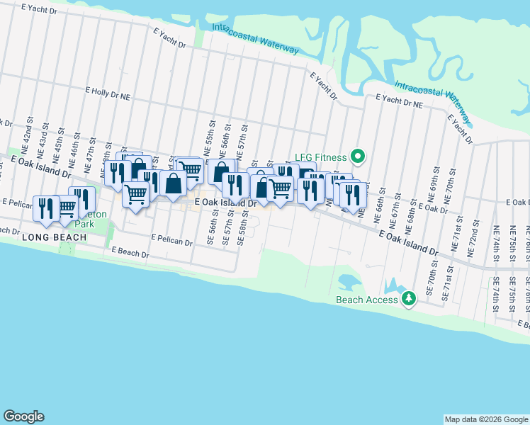 map of restaurants, bars, coffee shops, grocery stores, and more near 5825 East Oak Drive in Oak Island