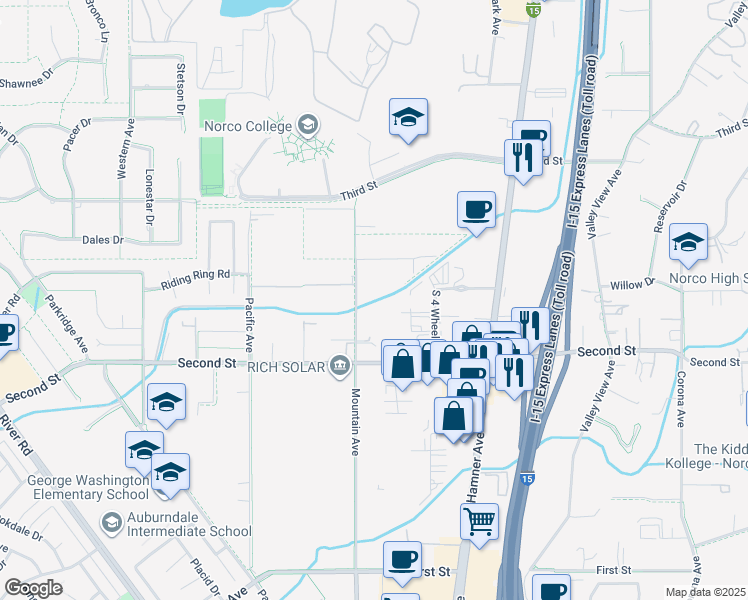 map of restaurants, bars, coffee shops, grocery stores, and more near 2041 Mountain Ave in Norco