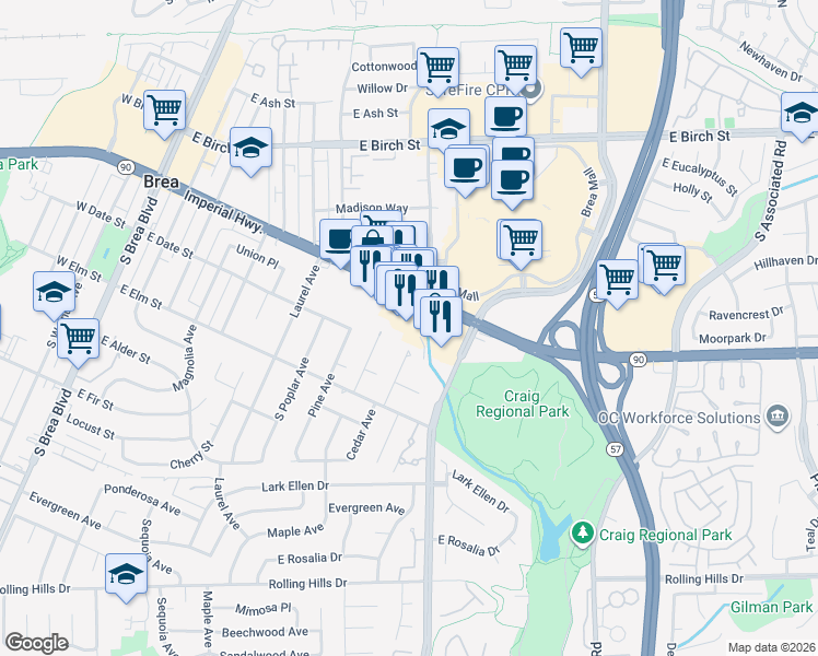 map of restaurants, bars, coffee shops, grocery stores, and more near 1050 East Imperial Highway in Brea