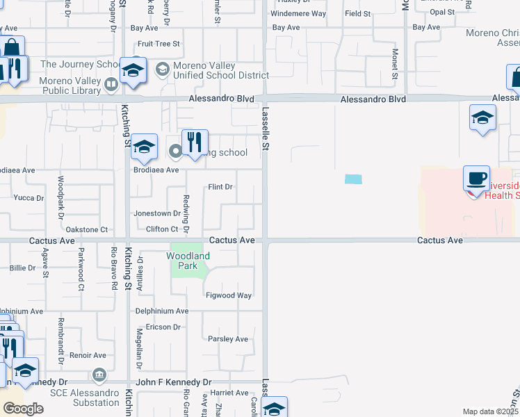 map of restaurants, bars, coffee shops, grocery stores, and more near 25999 Fresca Drive in Moreno Valley