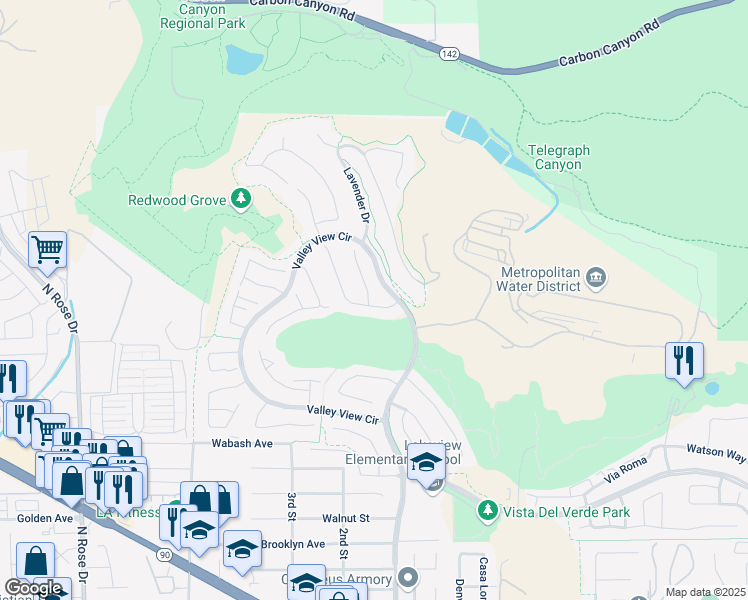 map of restaurants, bars, coffee shops, grocery stores, and more near 17411 Bramble Court in Yorba Linda