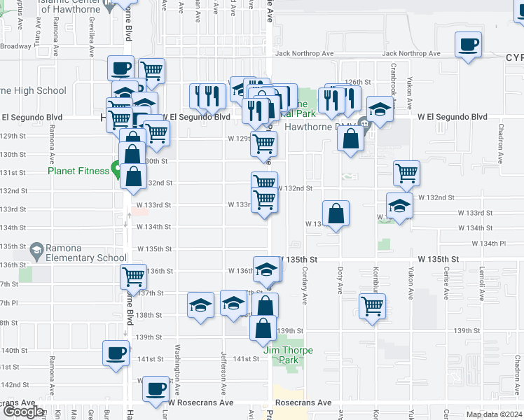 map of restaurants, bars, coffee shops, grocery stores, and more near 4012 West 133rd Street in Hawthorne