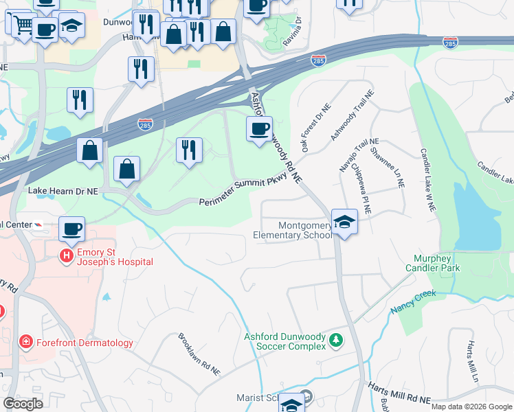 map of restaurants, bars, coffee shops, grocery stores, and more near 1234 Dunwoody Lane Northeast in Atlanta