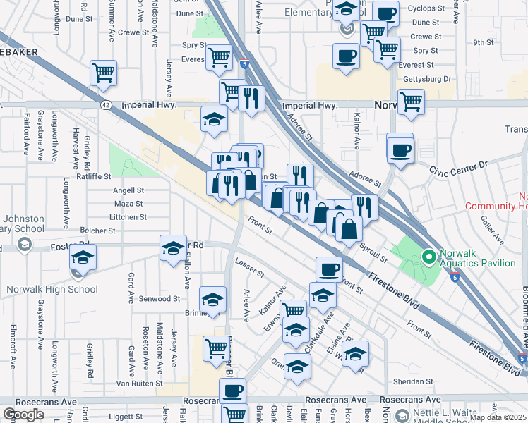 map of restaurants, bars, coffee shops, grocery stores, and more near 11859 Firestone Boulevard in Norwalk