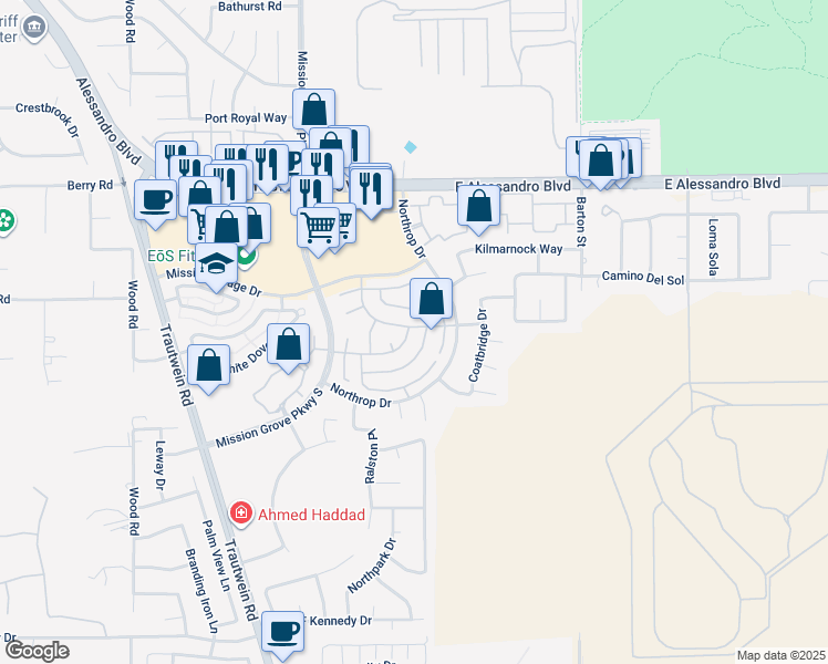 map of restaurants, bars, coffee shops, grocery stores, and more near 4260 Sydney Harbour Drive in Riverside