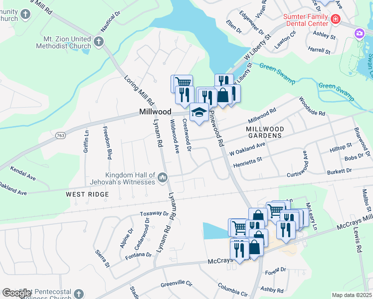 map of restaurants, bars, coffee shops, grocery stores, and more near 45 Westwood Drive in Sumter
