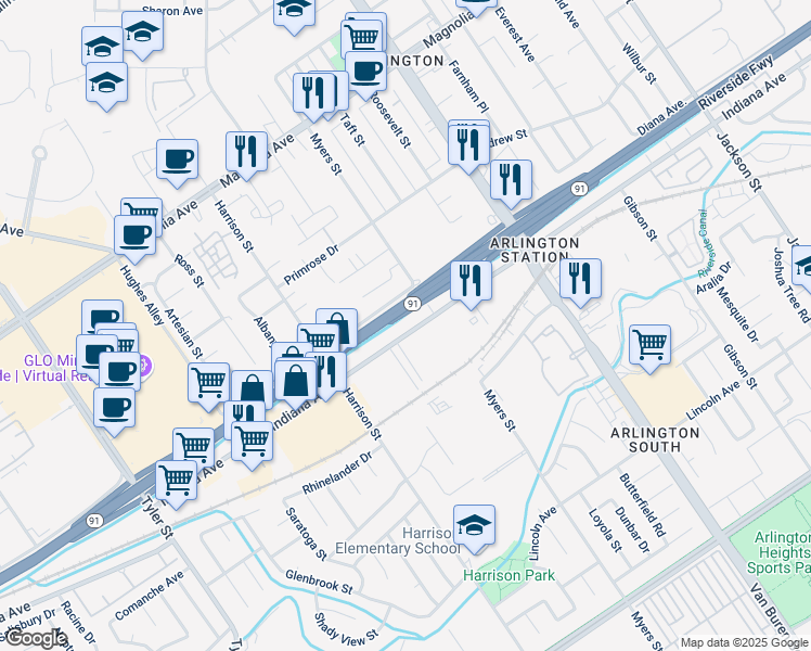 map of restaurants, bars, coffee shops, grocery stores, and more near 9761 Diana Avenue in Riverside