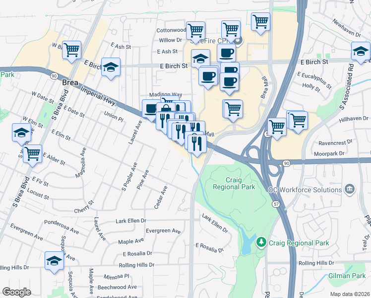 map of restaurants, bars, coffee shops, grocery stores, and more near 1050 East Imperial Highway in Brea