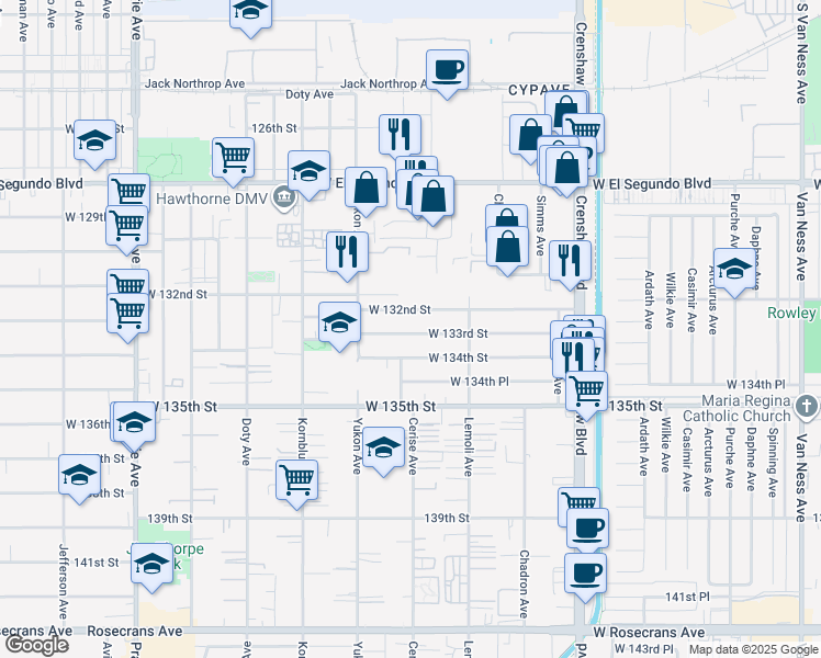 map of restaurants, bars, coffee shops, grocery stores, and more near 3501 West 133rd Street in Hawthorne