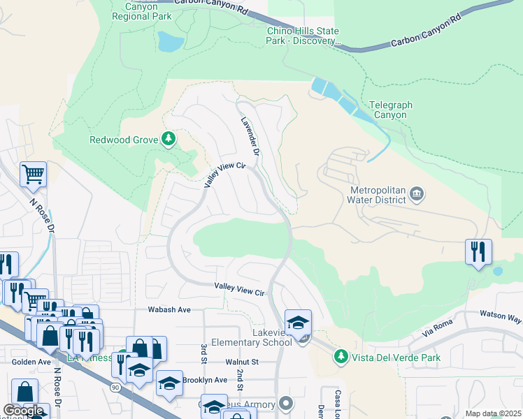 map of restaurants, bars, coffee shops, grocery stores, and more near 17411 Bramble Court in Yorba Linda
