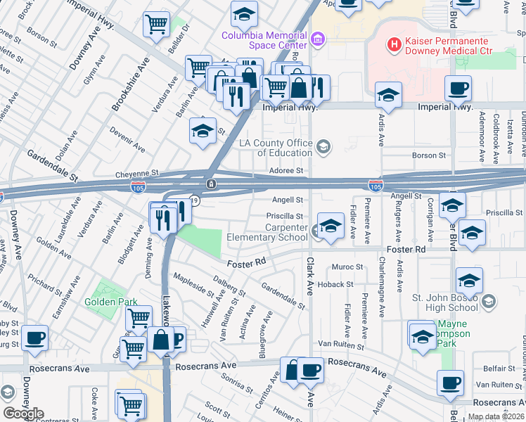 map of restaurants, bars, coffee shops, grocery stores, and more near 9161 Priscilla Street in Downey
