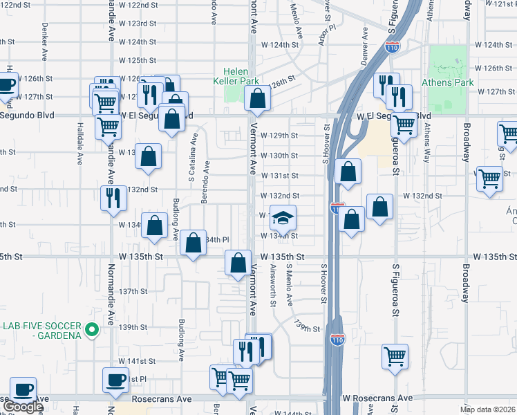 map of restaurants, bars, coffee shops, grocery stores, and more near 13220 Vermont Avenue in Gardena
