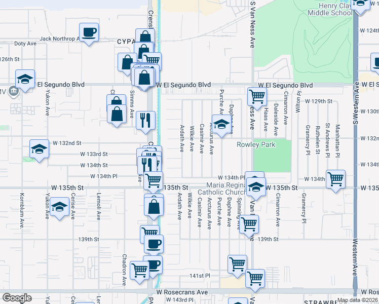 map of restaurants, bars, coffee shops, grocery stores, and more near 13213 Wilkie Avenue in Gardena