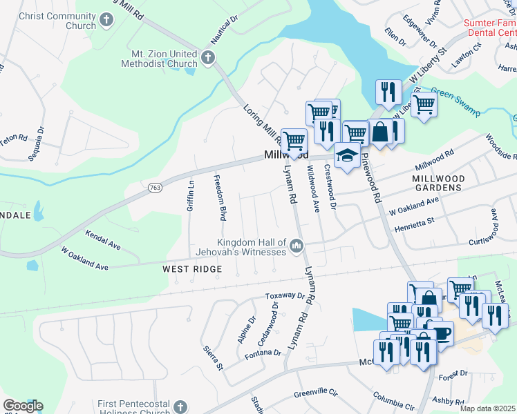 map of restaurants, bars, coffee shops, grocery stores, and more near 20 Lynam Road in Sumter