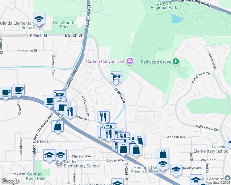 map of restaurants, bars, coffee shops, grocery stores, and more near 390 Terrazo DrIve in Brea