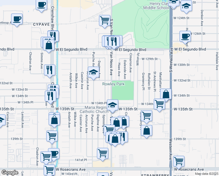 map of restaurants, bars, coffee shops, grocery stores, and more near 13212 Spinning Avenue in Gardena