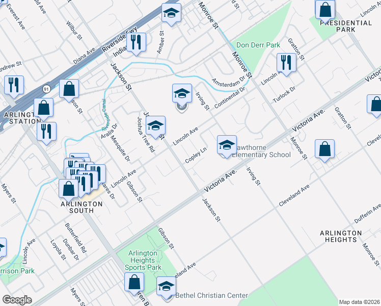map of restaurants, bars, coffee shops, grocery stores, and more near 2865 Roncador Place in Riverside