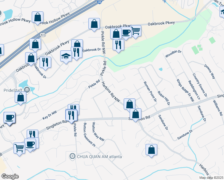 map of restaurants, bars, coffee shops, grocery stores, and more near 1502 Harbins Road Northwest in Norcross