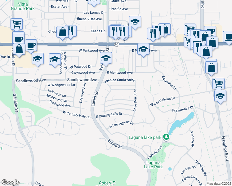 map of restaurants, bars, coffee shops, grocery stores, and more near 1521 Via Los Altos in La Habra