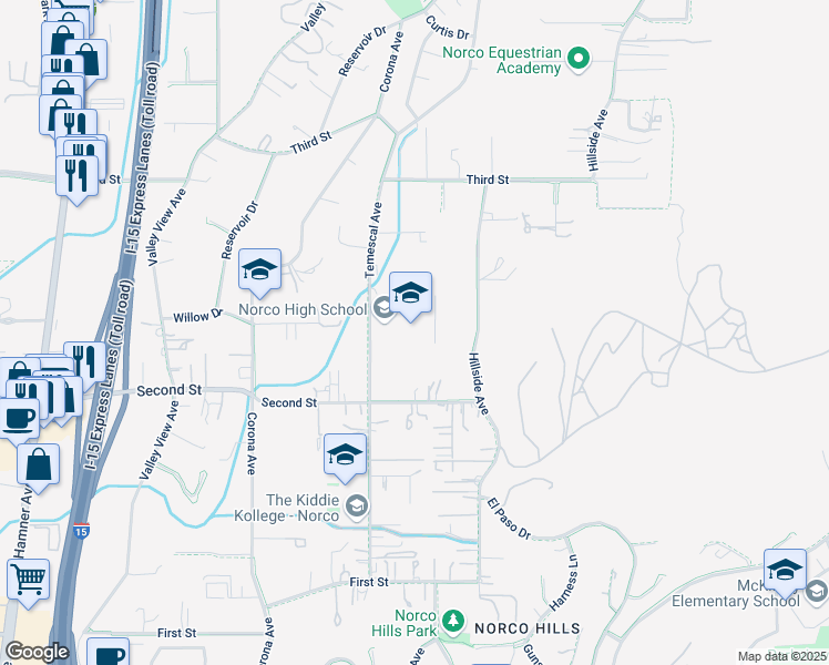 map of restaurants, bars, coffee shops, grocery stores, and more near 2065 Temescal Avenue in Norco
